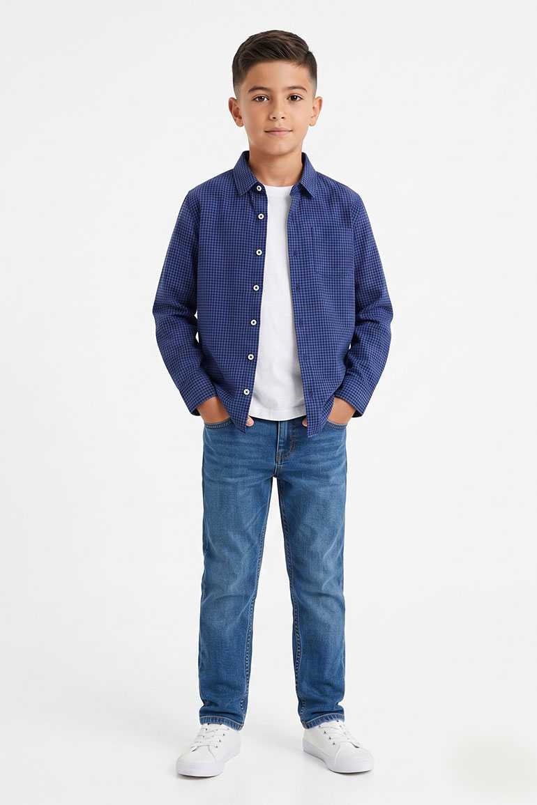 Boys' blue check button-down shirt with long sleeves, front button placket