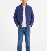 Boys' blue check button-down shirt with long sleeves, front button placket