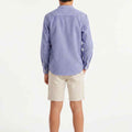 Boys striped button-down shirt, light blue thin stripes, back view, long sleeves