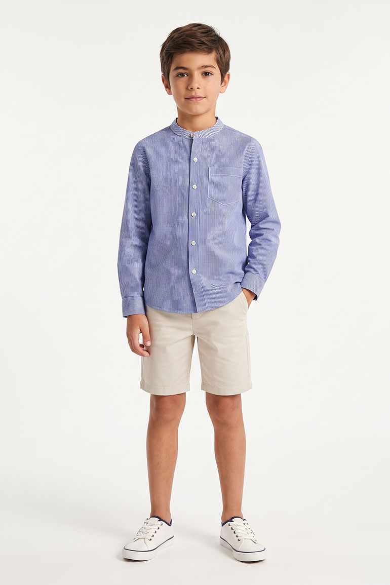 Boys striped button-down shirt, light blue with thin vertical stripes, long sleeves