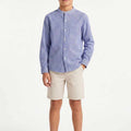 Boys striped button-down shirt, light blue with thin vertical stripes, long sleeves