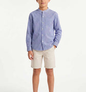 Boys striped button-down shirt, light blue with thin vertical stripes, long sleeves