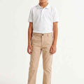 Boys' regular-fit beige pants with front button and pockets, front view