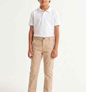 Boys' regular-fit beige pants with front button and pockets, front view