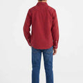 Boys red checkered button-down shirt with long sleeves, back view