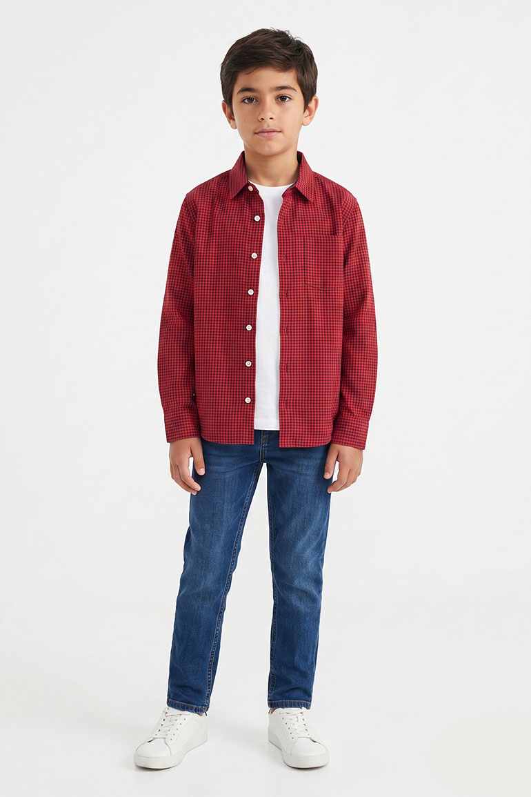 Boys red checkered button-down shirt with button placket, front view