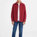 Boys red checkered button-down shirt with button placket, front view