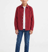Boys red checkered button-down shirt with button placket, front view