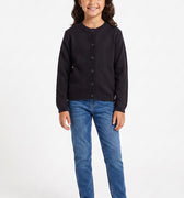 Black knit cardigan for girls with long sleeves and button-front, paired with jeans
