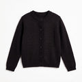 Black button-front knit cardigan for girls, ribbed crew neck and cuffs
