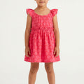 Pink printed baby girl dress with ruffled cap sleeves and gathered waist