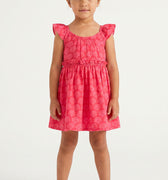 Pink printed baby girl dress with ruffled cap sleeves and gathered waist