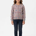 GirlsÃ¢â‚¬â„¢ grey pom-pom knit cardigan with button front, long sleeves.