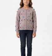 GirlsÃ¢â‚¬â„¢ grey pom-pom knit cardigan with button front, long sleeves.