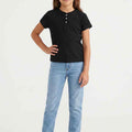 Girls' black solid henley t-shirt with short sleeves and button placket