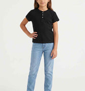 Girls' black solid henley t-shirt with short sleeves and button placket