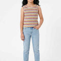 Girls striped tank top, front view, multicolored horizontal stripes
