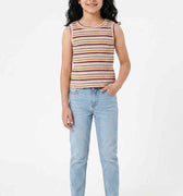 Girls striped tank top, front view, multicolored horizontal stripes