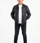 Black faux leather bomber jacket for boys with front zip and ribbed cuffs