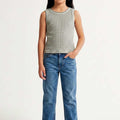Girls' striped sleeveless tank top, crew neck, front view, greyish-turquoise and white stripes