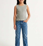Girls' striped sleeveless tank top, crew neck, front view, greyish-turquoise and white stripes