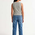Girls' striped sleeveless tank top, crew neck, back view, greyish-turquoise and white stripes
