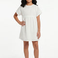 White girls' short-sleeve embroidered blouse dress, round neckline and pintuck detail