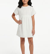 White girls' short-sleeve embroidered blouse dress, round neckline and pintuck detail