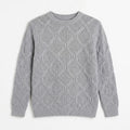 Light grey diamond knit boys sweater with crew neck and ribbed cuffs and hem