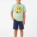 Boys light green short-sleeve T-shirt with yellow smiley emoji graphic on front