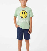 Boys light green short-sleeve T-shirt with yellow smiley emoji graphic on front