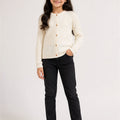 Girls' ecru ribbed-knit sweater with vertical stripe texture and three-button front