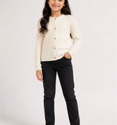 Girls' ecru ribbed-knit sweater with vertical stripe texture and three-button front