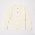 Ecru girls' knit cardigan sweater with round neck and button front, vertical stripes