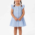 Baby girls' blue dress with button front, tiered skirt, ruffled sleeves, front view