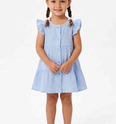 Baby girls' blue dress with button front, tiered skirt, ruffled sleeves, front view