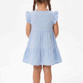 Baby girls' blue dress with tiered skirt and ruffled short sleeves, back view