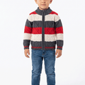 Baby boys striped knitted zip-up cardigan, dark gray, red, and cream bands, ribbed cuffs