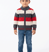 Baby boys striped knitted zip-up cardigan, dark gray, red, and cream bands, ribbed cuffs