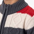 Baby boys striped knit cardigan close-up, ribbed dark gray collar with red and cream yoke