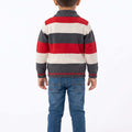 Baby boys striped knitted zip-up cardigan, rear view with dark gray, red, and cream stripes