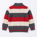 Baby boys striped knitted zip-up cardigan, back view in dark gray, red, and cream bands
