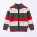 Baby boys striped knit cardigan with full zip, dark gray, red, and cream color blocks