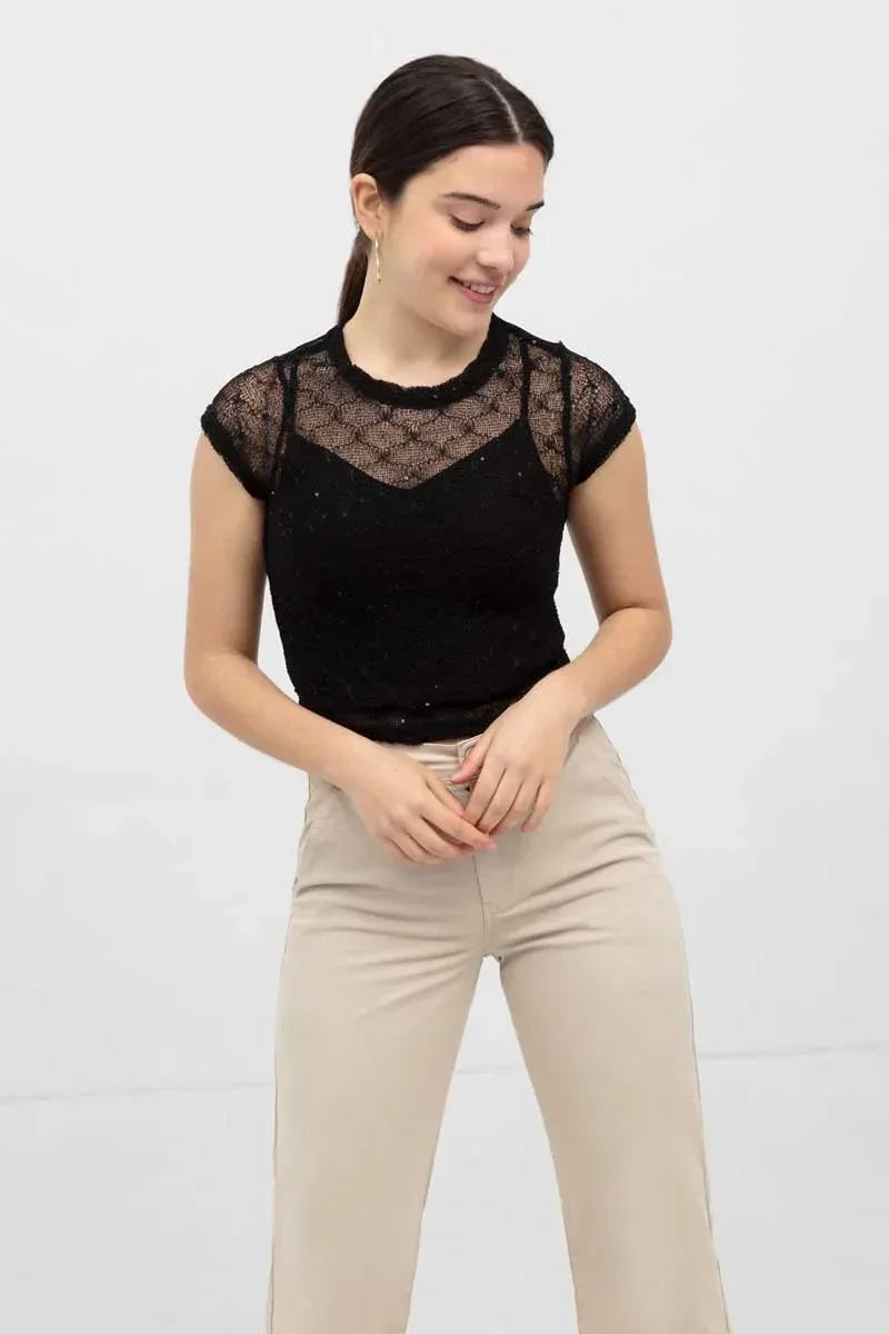 Short Sleeves Lace Shirt For Women - Black - MEME