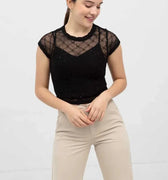 Short Sleeves Lace Shirt For Women - Black - MEME