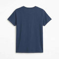 Women’s navy crew neck T-shirt, short sleeves, basic smooth knit fabric.