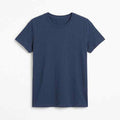 Women’s navy crew neck T-shirt with short sleeves and simple round neckline.