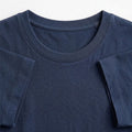 Navy crew neck T-shirt close-up: ribbed neckline and neatly stitched short sleeves.