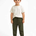 Olive baby boys jogger trousers with elastic waistband, drawstring, and tapered cuffs