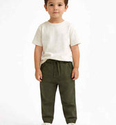 Olive baby boys jogger trousers with elastic waistband, drawstring, and tapered cuffs